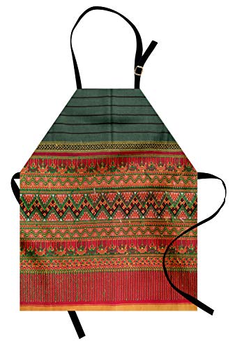 Ambesonne Ethnic Apron, Thai Culture Folk Traditional Bohemian Art With Shabby Funky Influences, Unisex Kitchen Bib With Adjustable Neck For Cooking Gardening, Adult Size, Ruby Green #TOP9
