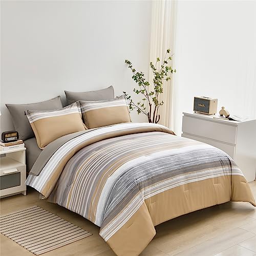 KAKIJUMN 7 Piece Bed in a Bag Stripe Comforter Set Queen Size, White Grey Khaki Patchwork Striped Comforter and Sheet Set, All Season Soft Microfiber Complete Bedding Set(Khaki,Queen)