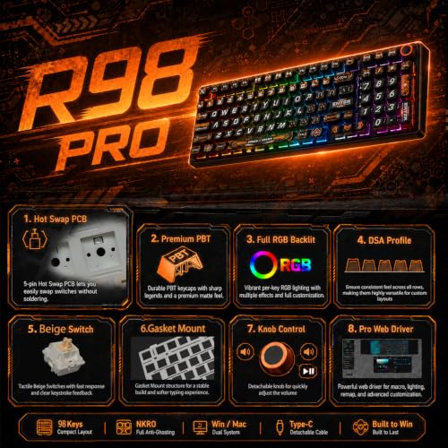 Image of RK ROYAL KLUDGE R98 Pro Wired Mechanical Keyboard, RGB PC Gaming Keyboard with Number Pad and Volume Knob, dye Sublimation DSA Profile Pudding Keycaps, for Win /MAC, Hot Swappable Tactile Beige Switch