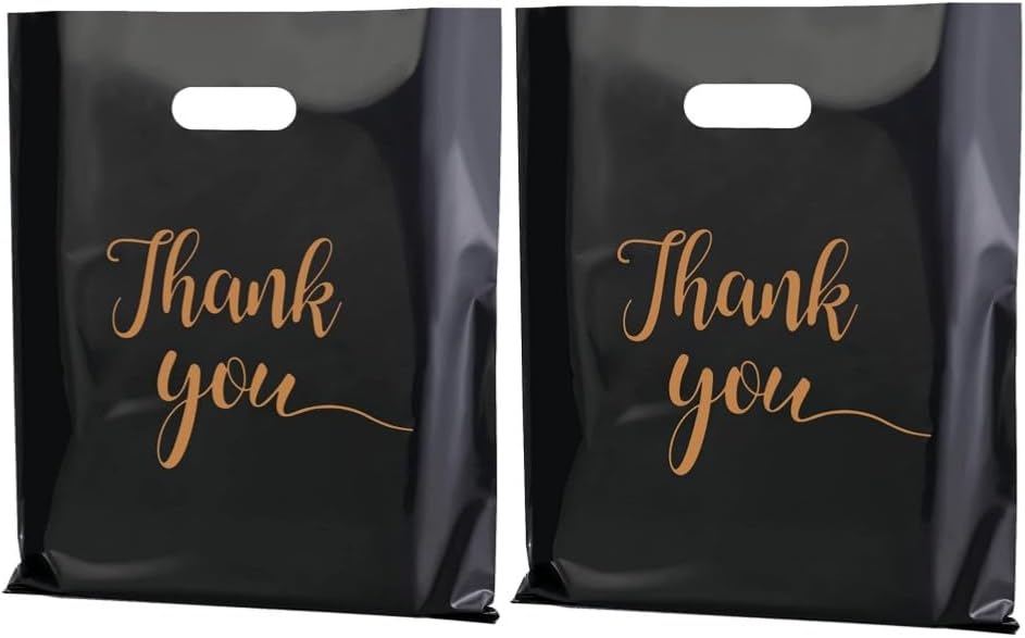 KUPOO 100PCS Thank You Merchandise Bag,12x15 Inch Shopping Bags with Handle,Shopping Bags for Small Business,Gifts,Goodie Bags,Reusable Plastic Bags with Handle (Black)