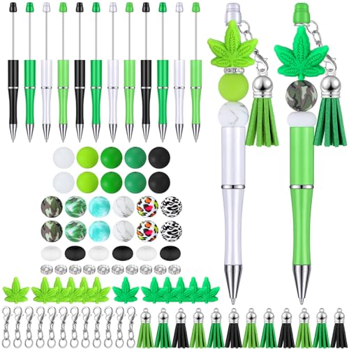 Teling 12 Sets Leaves Beadable Pens Black Ink Ballpoint Beaded Pen with Focal Silicone Beads Assorted Spacer Beads and Tassels and 12 Pcs Lobster Clasps for Office School DIY