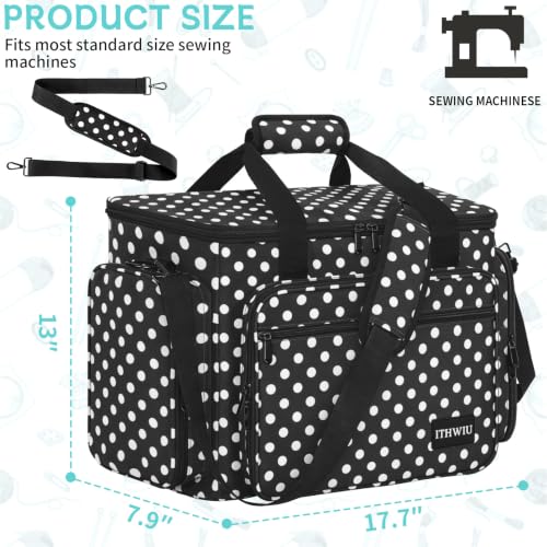 Image of Sewing Machine Carrying Case with Multiple Storage Pockets Large Capacity, Universal Tote Storage Bag Compatible with Most Standard Singer, Brother, Janome, Black Dots