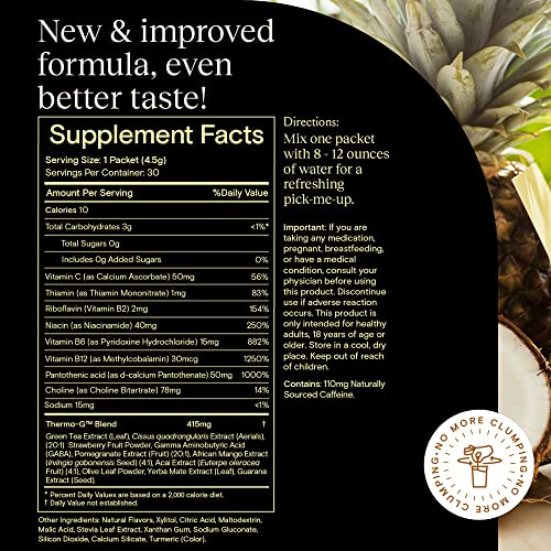 Image of Yoli Passion Energy Powder Mix, Pina Colada, Sugar-Free, 30 Packets Box | Sugar-free pina colada energy drink mix with green tea and guarana for endurance, stamina, and daily performance support.