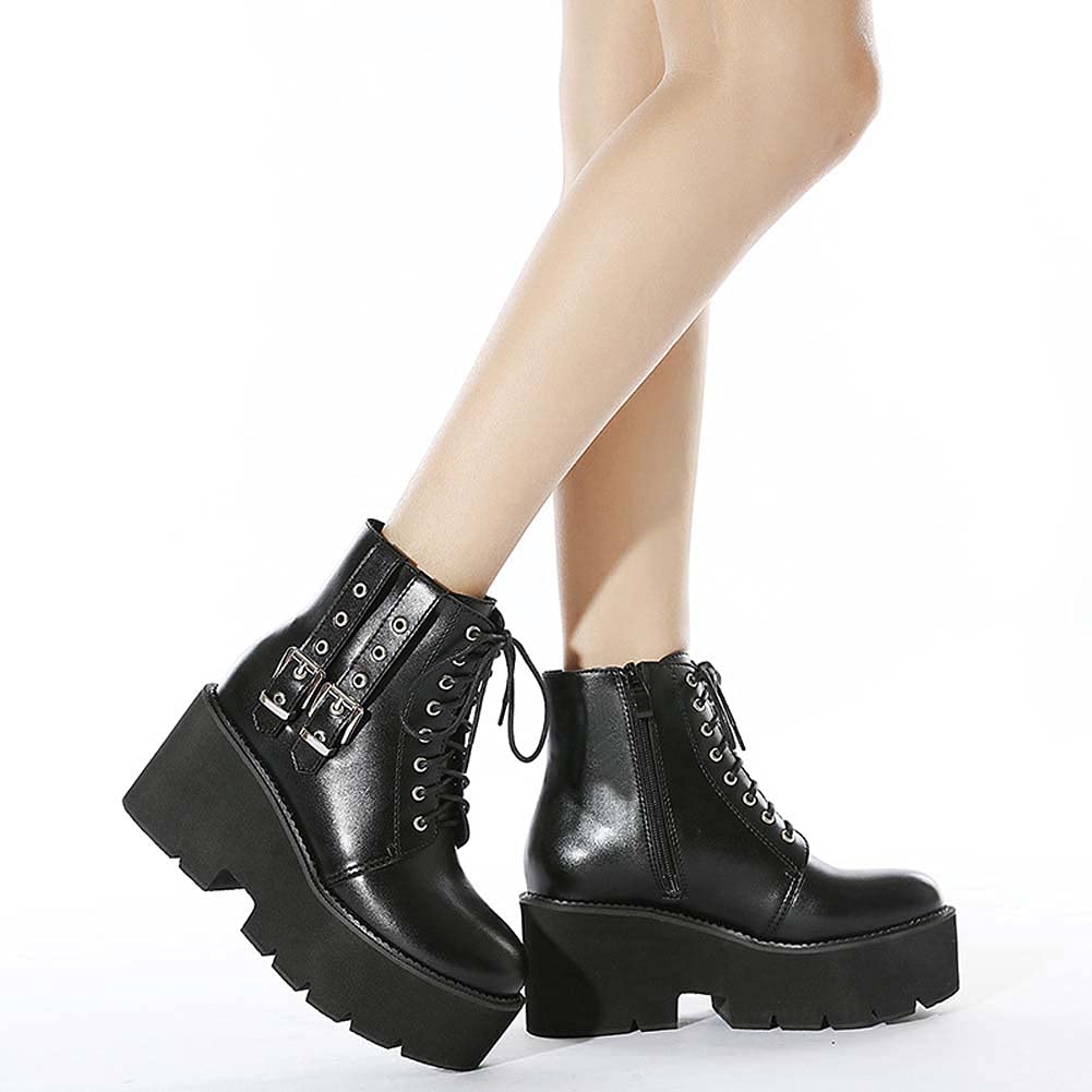 Gótica Punk Botines con Cordones y Plataforma Botas Militares con Tacón Grueso para Mujer