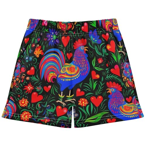Folk Art Colorful Roosters Girls Lounge Athletic Shorts Custom Print Youth Summer Pajama Sleepwear, X-Small