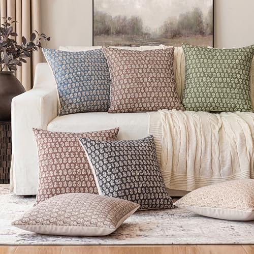 Image of Foindtower Set of 2 Decorative Neutral Floral Print Throw Pillow Covers Vintage Accent Farmhouse Cushion Covers Boho Home Decor for Sofa Couch Chair Bedroom Living Room,22x22 Inch,Brown