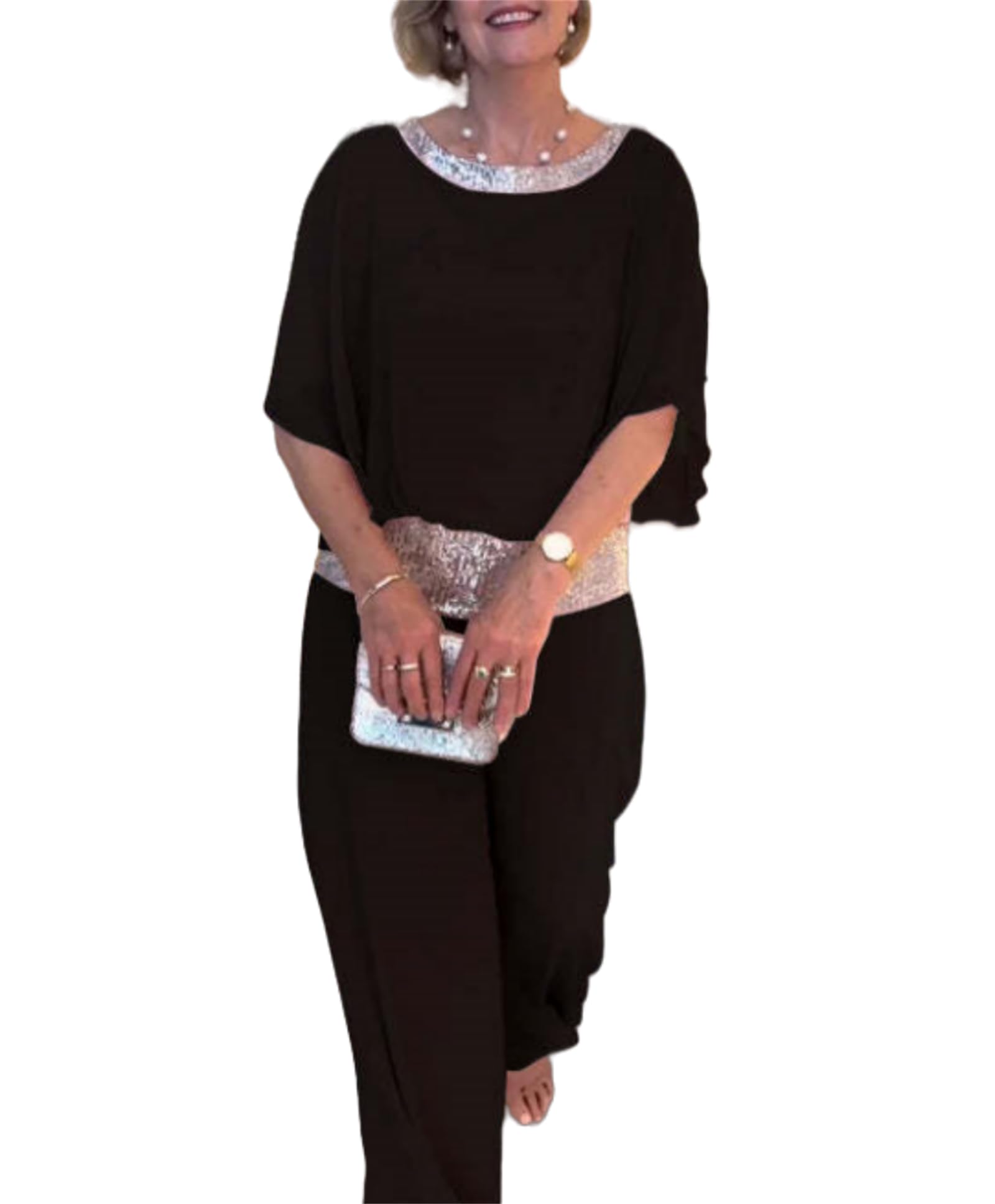 MAINPICK Elegante traje de dos piezas con lentejuelas y bloques de color, cuello redondo, gasa, pierna ancha, conjunto de pantalones para mujer, conjunto de 2 piezas casual