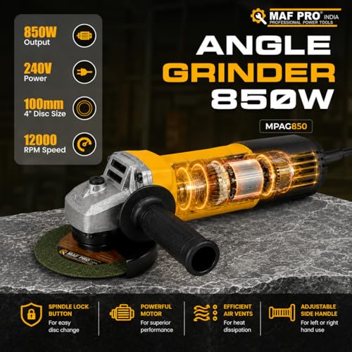 Image of MAF PRO Angle Grinder 850W 100mm Electric Angle Grinding Machine with High Speed Motor | Portable Metal Cutter & Grinding Tool for Cutting, Polishing & DIY Applications