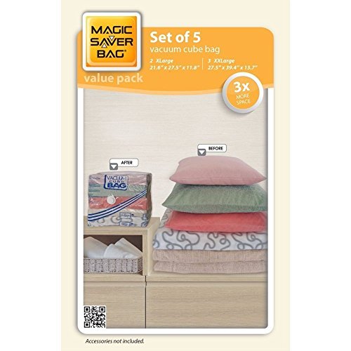 Magic Saver Jumbo Vacuum Cube Storage Bags, 5 Piece Cube Combo, Airtight, Vacuum-Sealed Compression, Closet, Travel