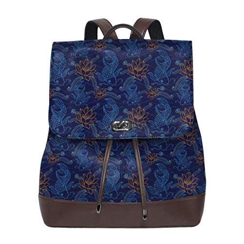 Yuanmeiju Asian Carp Women's Leather Mochila Travel Casual Elegant Drawstring Shoulder Bag