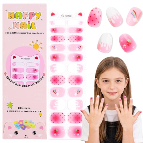 EBANKU Kids Gel Nail Polish Strips, Rainbow Strawberry Cute Semi-Cured Nail Art Wraps for Girls, Fun Designs Gel Nail Stickers for Home Nails DIY