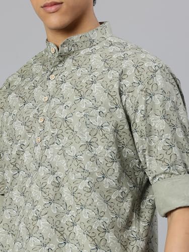 Image of Majestic Man Men's Pure Cotton Printed Mandarin Collar Regular Fit Roll-Up Sleeves Short Kurta