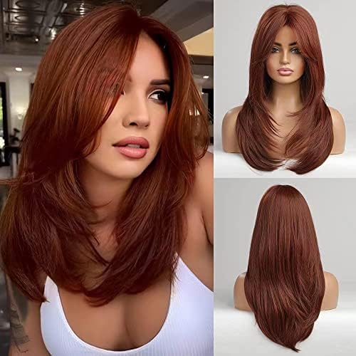 BASHA Auburn Red Honey Red Straight Natural Looking Layered Wigs Wig Hair for Women Lady Girl Middle Part with Bangs 25 inches Heat Resistant Synthetic Wig Halloween Mature Daily Any Time Cosplay Party Synthetic Wig