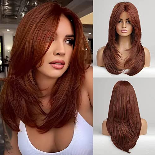 Basha Auburn Red Honey Red Straight Natural Looking Layered Wigs Wig Hair For Women Lady Girl Middle Part With Bangs 25 Inches Heat Resistant Synthetic Wig Halloween Mature Daily Any Time Cosplay Party Synthetic Wig #TOP1