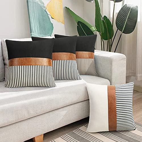 Cygnus Set Of 2 Farmhouse Decor Stripe Patchwork Black Linen Throw Pillow Covers,Modern Tan Faux Leather Accent Pillow Covers 18X18 Inch,Grey Stripe #TOP5