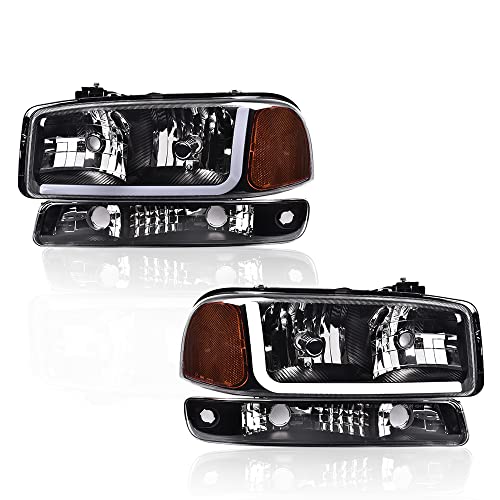 Image of GRAND ORANGE LED DRL Headlights W /Bumper Signal Lamps, Compatible with 1999-2007 GMC Sierra 1500 / Fit 1999-2006 GMC Yukon XL 1500 2500 Clear Lens Black Housing Amber Reflector faros delanteros