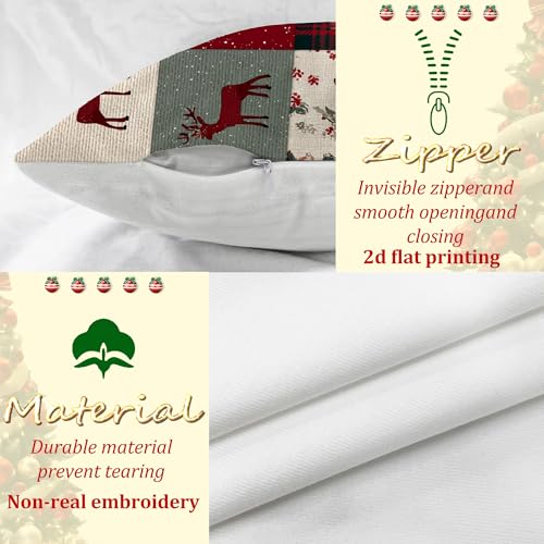 Housse de coussin Noël patchwork rennes rouge vert pour maison - 7