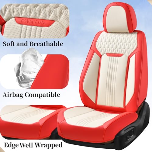 Image of Coverado Car Seat Covers Full Set, Front and Rear Seat Covers, 5 Seats Leather Seat Covers for Cars, Waterproof Car Seat Protectors, Automotive Seat Cushions, Universal Fit for Most Cars, Red&White