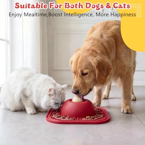 Image of Slow Feeder Dog Bowls & Lick Mat for Liquid and Thick Treat, Anti-Slip Dog Lick Bowl with Interactive Rolling Ball, 5 /6 Cup Pup Licking Toy for Large Medium Small Dogs and Cats Red