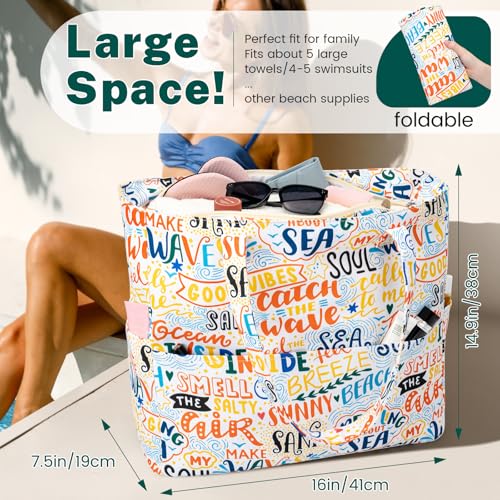 Image of Iioscre Beach Bag for Women, Causal Hobo Handbags with Zipper Inner Pocket, Foldable Swim Tote Bag for Vacation Essentials