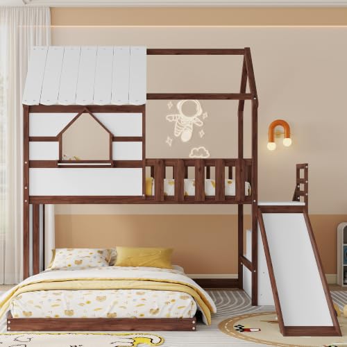 Image of Bellemave Bunk beds Twin Over Full with Slide,Storage Staircase,House roof Design,Low bunk /loft Bed for Kids，Walnut