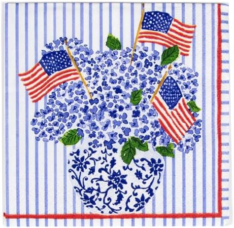 Caspari American Flags and Hydrangeas Paper Luncheon Napkins, 20 Per Package