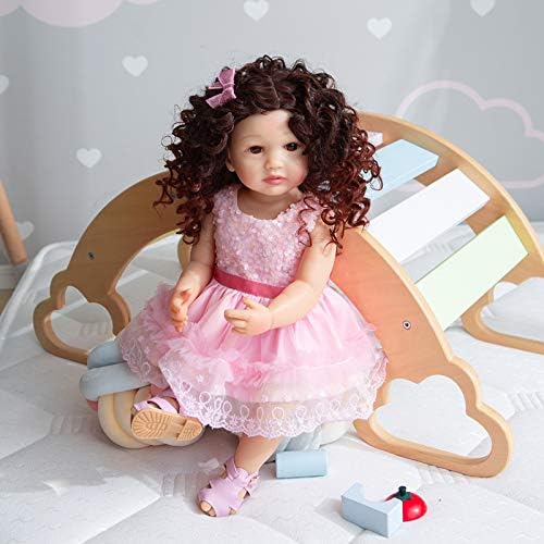 Lifelike Reborn Baby Doll 22 inch Realistic Reborn Baby Toddler Dolls Washable Baby Dolls Brown Hair with Pink Princess Dress Accessories Birthday Xmas Gift Sets for Kids
