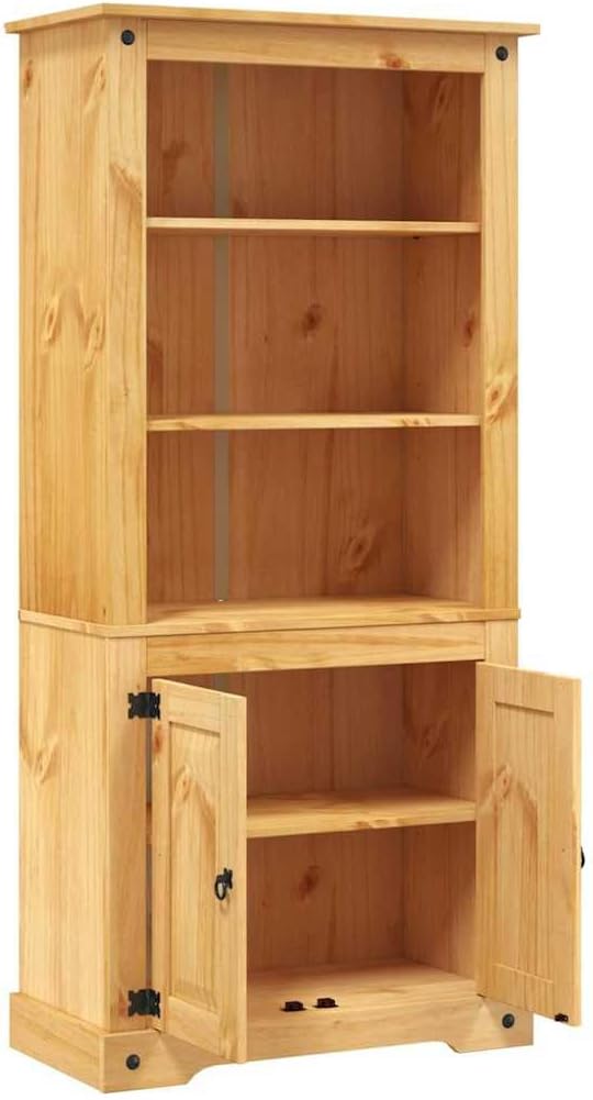 Rustic Mexican Pine Display Cabinet with 3 Open Shelves & Storage Doors Solid Wood Bookcase 31.5"x15.7"x66.9" Brown for Living Room Dining Furniture Hallway Organization