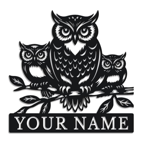Personalized Owl Metal Sign, Custom Name Wall Art, Owls Decor, Kids Room Accent, Garden Welcome Plaque, Mother's Day Gift, Wildlife Lover Present (Style-3)
