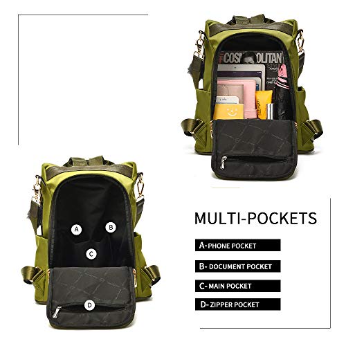 Women Backpack Purse Waterproof Nylon Anti-theft Rucksack Lightweight Shoulder Bag (Olive Large) - Thumbnail 4