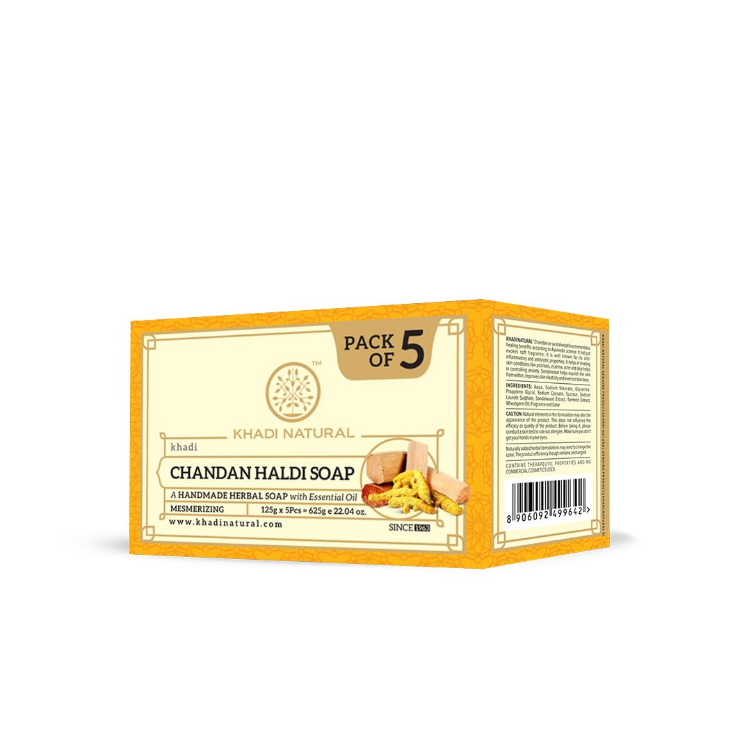 Khadi Natural Chandan Haldi Soap | Herbal Bathing Soap for Glowing Skin | Natural Soap with Essential Oils | Anti-Ageing | Suitable for All Skin Types|Pack of 5 | (125gm*5) (625gm)