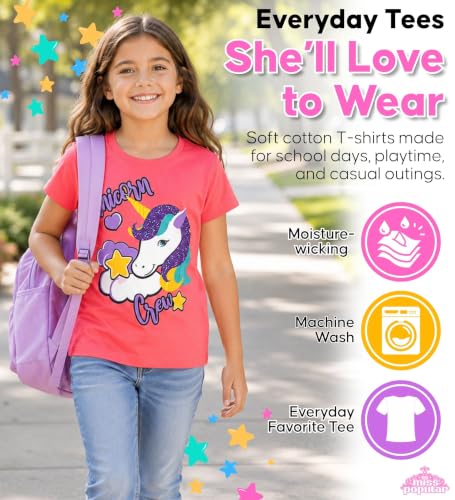 Image of MISS POPULAR Girls 3-Pack Super Soft Short Sleeve T-Shirts Unicorn Butterfly Glitter Print Cute Design| Sizes 7-16