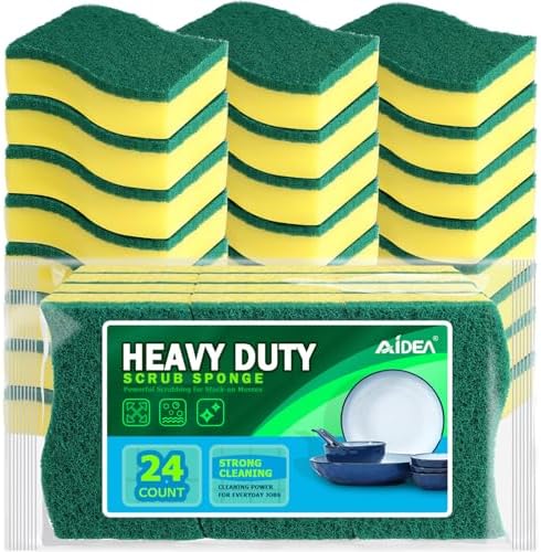 AIDEA Heavy Duty Scrub Sponge Washing Up Pack of 24, Cleaning Scrub Sponge, Stink Free Dual-Sided Dishwashing Sponge, Effortless Cleaning Eco Scrub Pads for Dishes,Pots,Pans All at Once