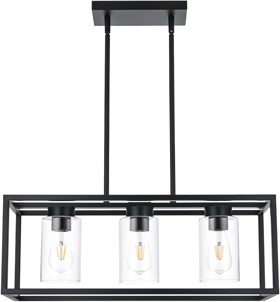Farmhouse Chandeliers for Kitchen Island, Matte Black 3-Light Dining Room Lighting Fixtures, Modern Rectangular Pendant Lighting Chandelier with Clear Glass Shade (Black, 3-Lights)