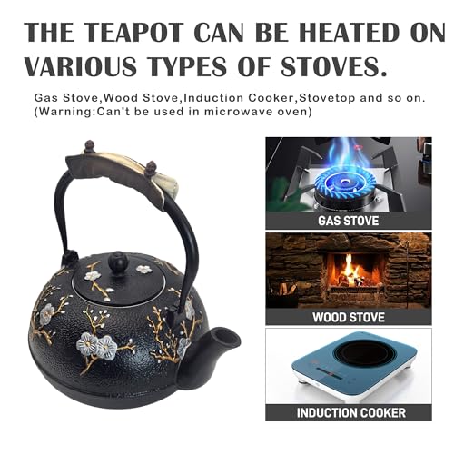 Image of Cast Iron Teapot SECHUDO Teapot for Stovetop Safe Coated with Enameled Interior,Japanese Beautiful Tea Kettle with Stainless Steel Infuser for Loose Tea (60.9oz Plum Blossoms and Bird Pattern)