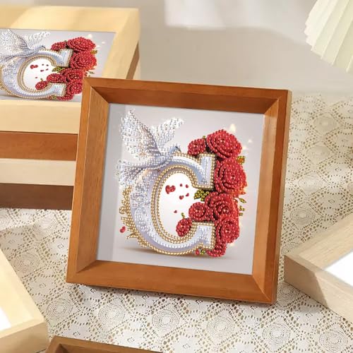 Image of AiYuanzsh 5D DIY Diamond Art Kits for Adults Letter C, Creative Red Rose & Dove Design Special Shape Diamond Painting, Luxury Alphabet Diamond Art for Home Wall Decor 17x17cm