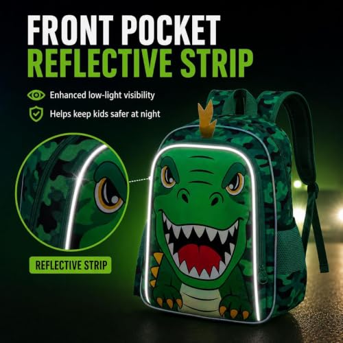 Image of 16 inch Dinosaur Backpack for Boys, 3Pcs Dino Kids Bookbag with Lunch Box, School Backpacks for Elementary Preschool Kindergarten (Green)