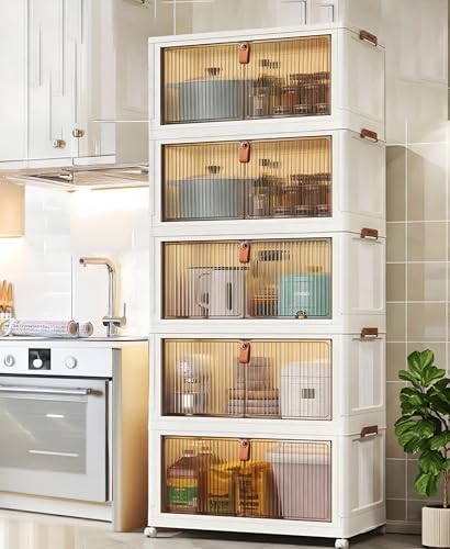 Image of EXVITO 5 Tier Stackable Kitchen Storage Drawer Organizer Cabinet with Transparent Doors, Multi-Layer Storage Bin, Space-Saving Pantry Organizer, Cupboard for Clothes, Storage Rack - White