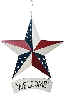 Metal Star Hanging Welcome Sign Patriotic American Wall Decor, US Flag Star Barn Wall Art Sign for Memorial Day 4th of July Veterans Day 2024 Election Day Labor Day Decor