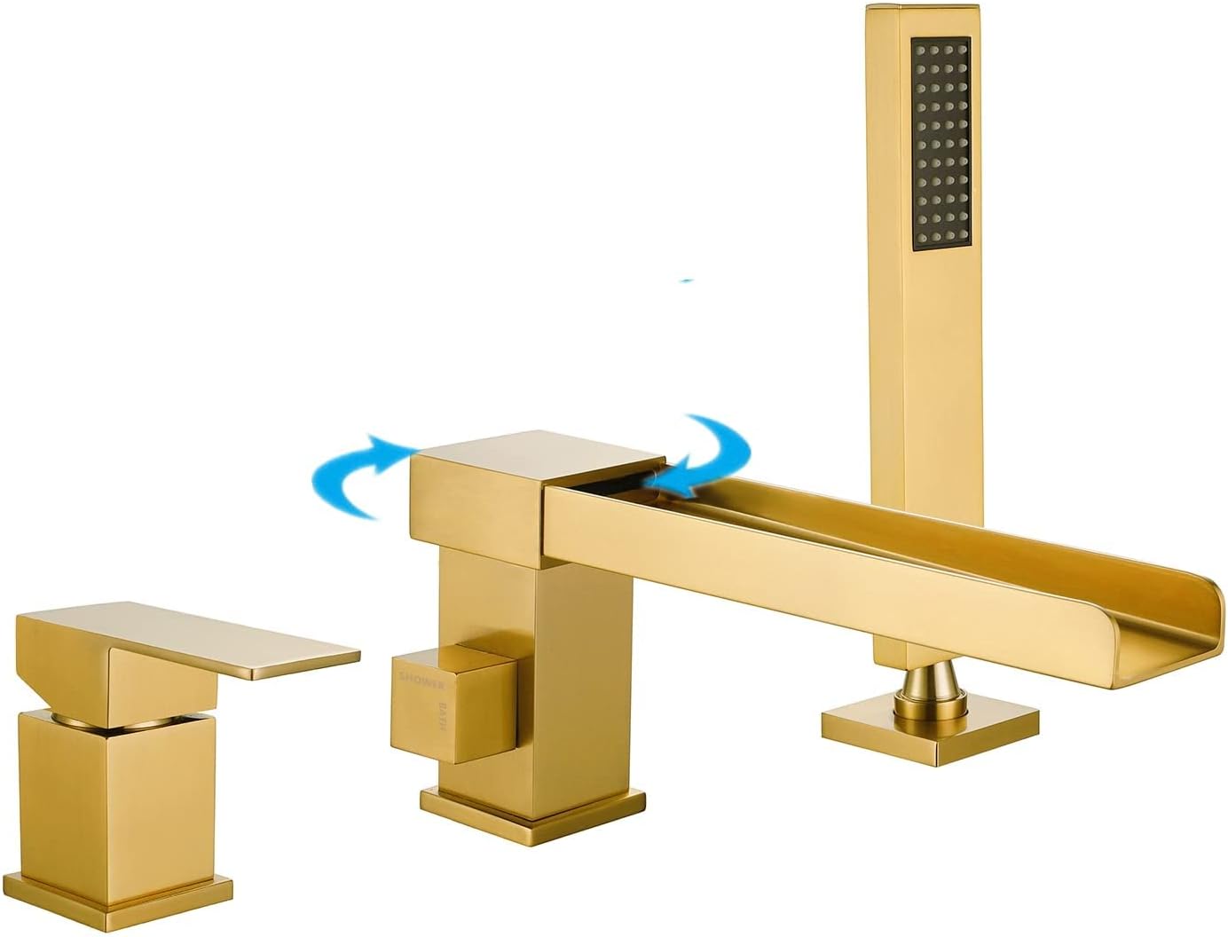 Waterfall Roman Tub Faucet with Hand Shower, Brass Bathtub Faucet Deck Mount Tub Filler Faucets with Sprayer Brushed Gold