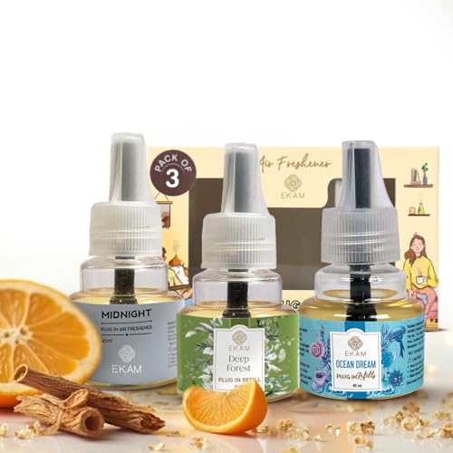 Image of EKAM | Combo Pack Of 3 | Woody & Fresh Fragrance Scented Plug-In Air Freshener Refill| 45ml Each | Lasts up to 125 Days Each / 500 Hours Each | Perfect for Living Rooms, Bedrooms & More