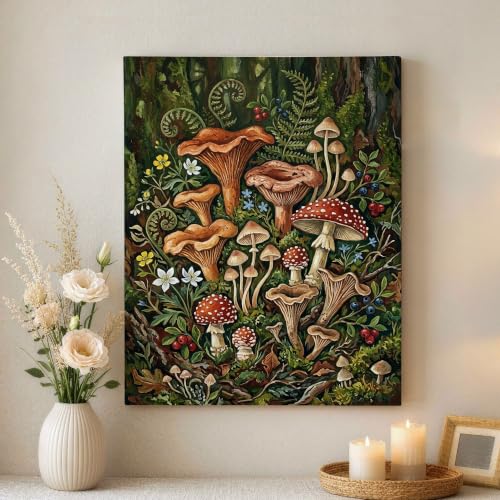 Lienzo de hongos botánicos para decorar un dormitorio natural en color verde otoño