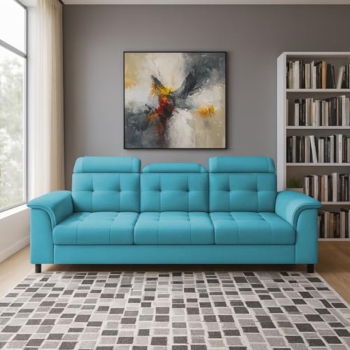 Image of Casaliving Ella 3 Seater Sofa Set for Living Room (Turquise Colour Fabric) Premium Fabric Sofa