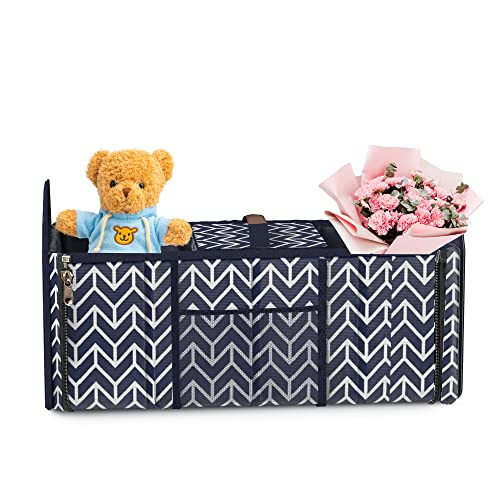Trunk Organizer, Foldable Car Storage Bag Portable Insulation Cooler Bag Collapsible Vehicle Organizer Divider Storage Totes With 3 Compartment Cargo Tote For Groceries Caddy Suv, Navy Blue #TOP2