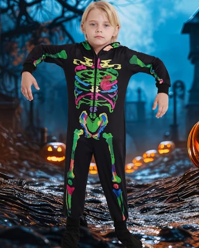 WISREMT Halloween Skeleton Costume for Boys Girls Full Print Long Sleeve Kids Costumes Zip Up Hooded Jumpsuit Fancy Dress Up Outfits for Unisex Toddlers Teens Age 3 4 5 6 7 8 9 10 11 12 Years - Image 2