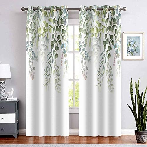 BSPPTI Eucalyptus Curtains, Weeping Green Succulent Plant Flower Drapes Room Darkening Thermal Insulated Polyester Fabric, Grommets Window Drapes for Living, Dining, 42"x 84", 2 Panels CLLSSP1284
