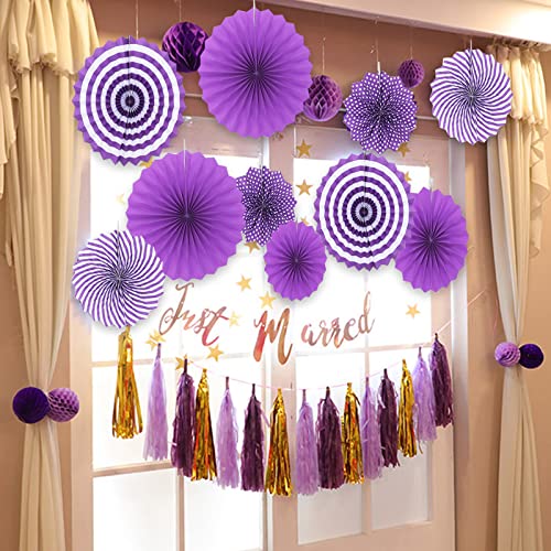 Image of LRCXL 12PCS Party Hanging Paper Fans Set, Fiesta Round Pattern Paper Garlands Decoration Party Supplies for New Year Baby Shower Birthday Wedding Graduation Events Accessories(Purple)
