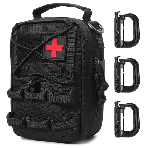 MUCHER Borsa Tattica di Primo Soccorso, Molle Emergenza Tattica Medico Pacco, Sicurezza e Kit di Sopravvivenza da Campeggio con 3 moschettoni per all'aperto, l'escursionismo, la caccia, Vuota (Nero)