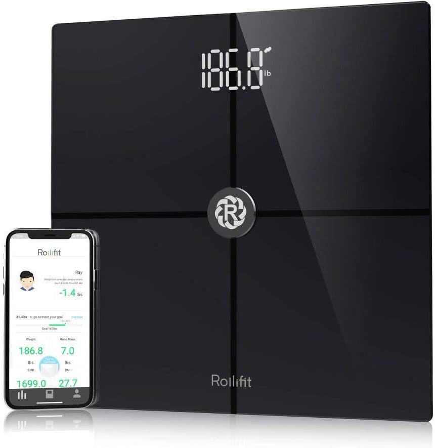 Rolli-Fit Smart Body Fat Scale, Digital Bathroom Weight Scale - High Precision Measurements Sync with Fitbit, Apple Health and Google Fit, Tracks 8 Key Compositions Analyzer, 400 lb