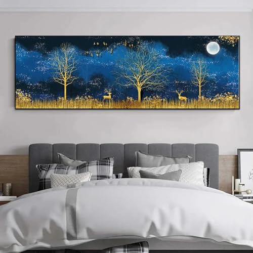 Toile cerf bleu et doré 40x120 cm sublimer l'ambiance de votre salon ou grand bureau moderne